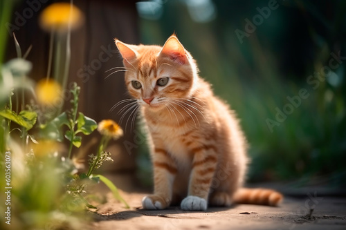 a kitten sits on a path among the grass and wildflowers and looks at something in the grass warily and with curiosity, ai generated