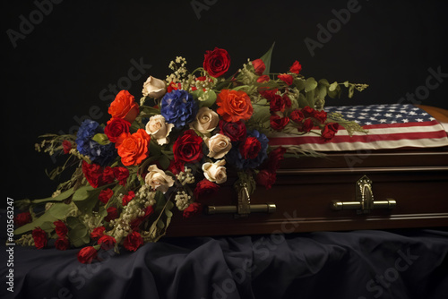 American flag on coffin with flowers made with Generative AI