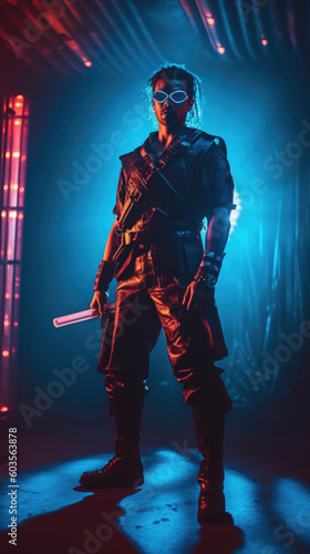 Photo realistic science-fiction, fantasy, illustration of a synthwave, black, spaceship pilot or smuggler. Anatomy and lighting reference. Generative AI.