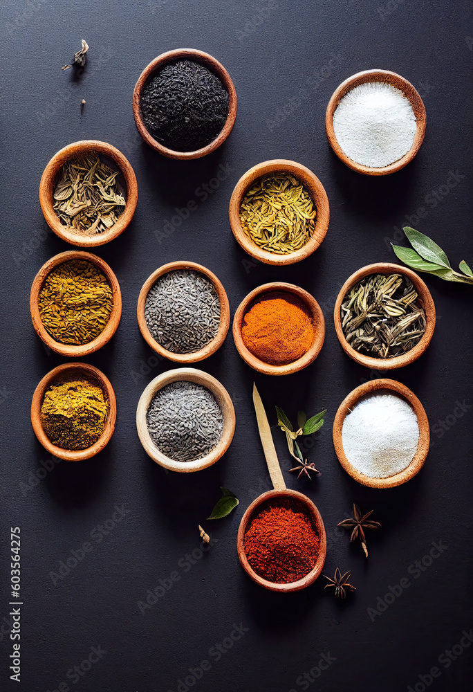 Spicing Up Your Kitchen. A Big Set of Indian Spices and Herbs on Black Chalkboard.. generative ai.