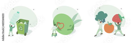 Sustainable lifestyle set. People collecting plastic trash into recycling garbage bin, trying to save planet earth and following vegan diet. Flat cartoon vector illustration and icons set.