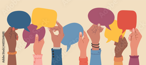 Diverse hands holding speech bubbles, people exchange ideas. Team cooperation and communication concept. Hand drawn vector illustration isolated on light background, flat cartoon style.