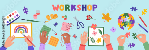 Creative workshop. Top view of the table with kids hands doing handmade craft work. Sewing, drawing, herbarium, picking up puzzles. Hand drawn vector illustration, flat cartoon style.