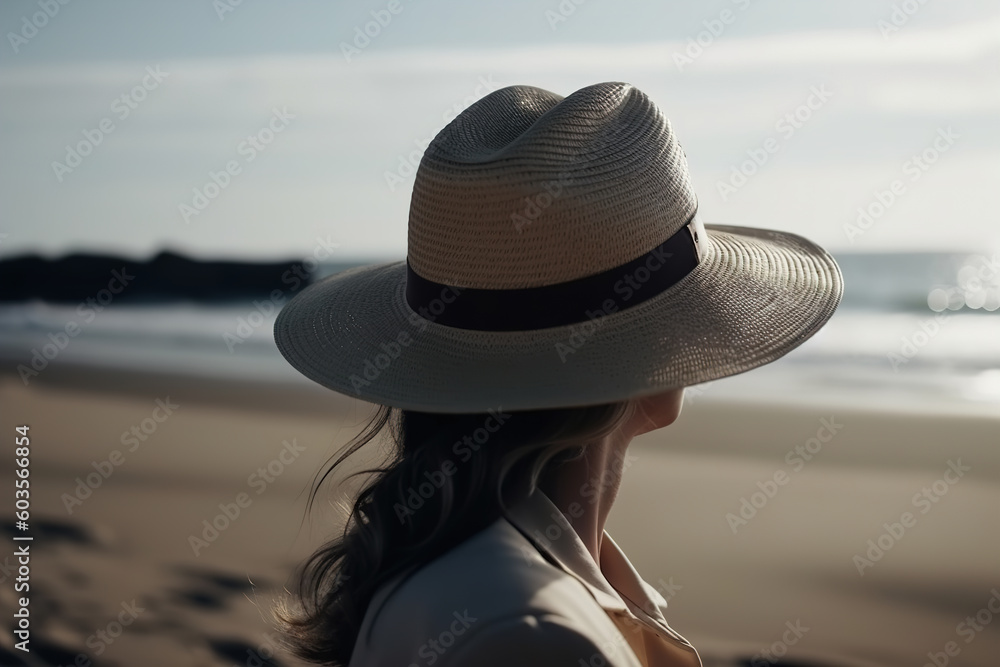 Beautiful caucasian stylish unrecognizable woman in a hat enjoying the sea while standing on the beach, back view. Generative AI