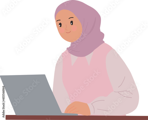 Pictures hijab moslem woman work on laptop illustration