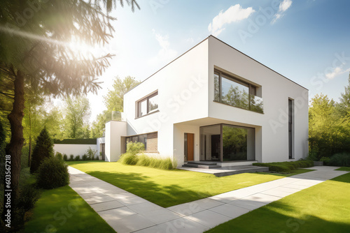 Very modern house with garden in front. Sunny day. Green lawn and trees, generative AI