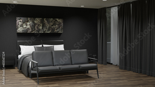 Modern Bedroom Interior - dark bedroom interior with slight shade entering the room glass window and open space modern luxury bedroom with surface mount light at a apartment building or residential 