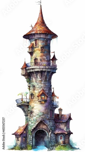 A medieval fantasy tower in an illustrated hand-drawn style, children's story book image, fairy tales, isolated on white, generative ai
