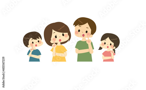 人差し指を立てて口を開けている家族のイラスト