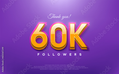 Thank you 60k followers, 3d design with orange on blue background.