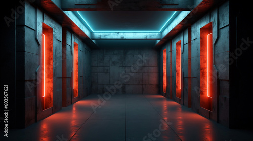 Futuristic empty concrete corridor with glowing neon lights. Generative ai illustration
