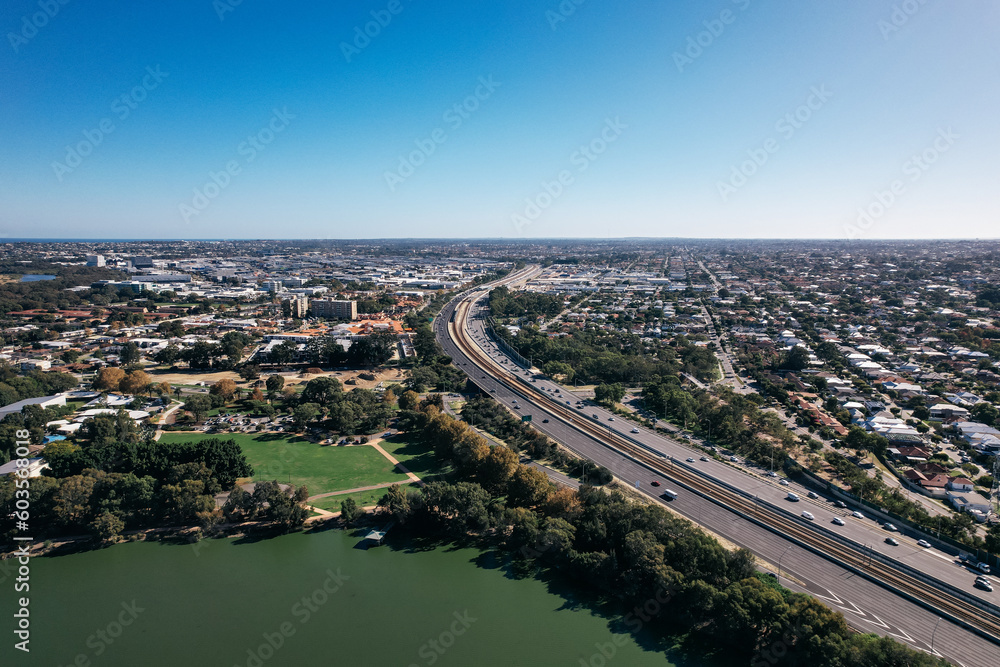 Aerial view of the Mitchell Freeway and northern suburbs in Perth, Western Australia
