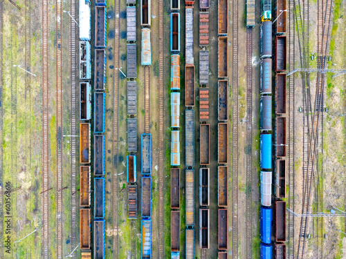 Obraz na płótnie Aerial view landscape. View of trains, cars, cargo and tracks. Photo from a drone. w salonie