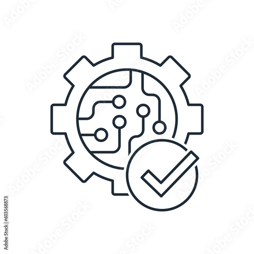 Gear with electronic filling marked with a checkmark. Proven, reliable technology, tool.Vector linear icon isolated on white background.