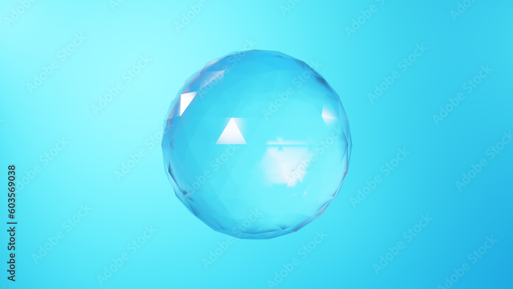 水色背景に球体の透明ガラス。1つ。（横長）