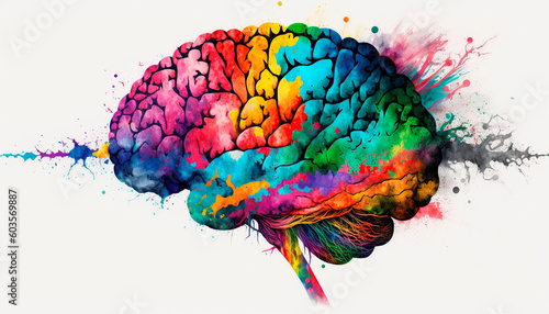 colorful brain, illustration of a brain with the colors of the lgtb flag, image created with ai
