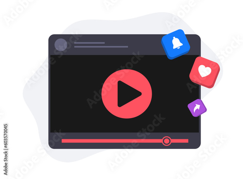 Video marketing illustration features press bell, like and share icons. It showcases how video content can be monetized with social network communication and digital advertising