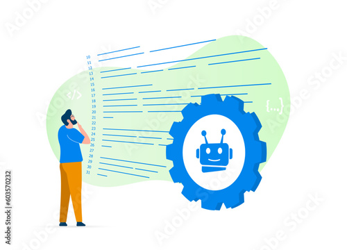 AI code generator with ai-powered coding chatbot concept. Man person looks at piece of code or text generated by artificial intelligence and checks for errors and compliance with specified conditions