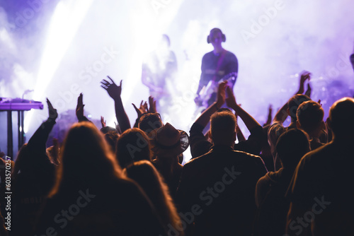 Crowd at concert and blurred stage lights.