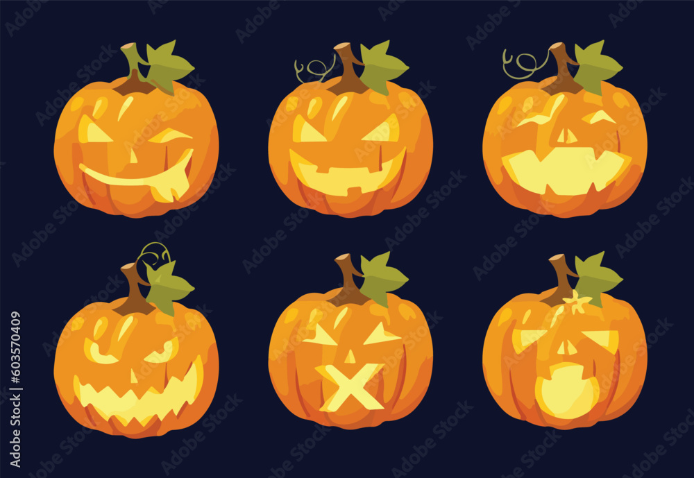 set of Halloween vector art of a pumping with face .different emotions set of Halloween vector art of a pumping with face .different emotions