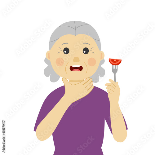 Senior woman with difficult swallowing in flat design on white background.