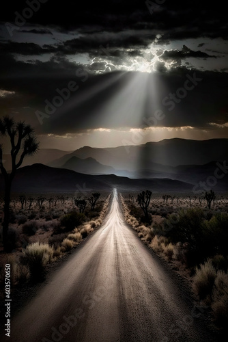 clouds over the road, landscape of a road in a straight line in the desert with a cloudy background, between the clouds, sun rays come out and faintly illuminate the landscape, image created with ai