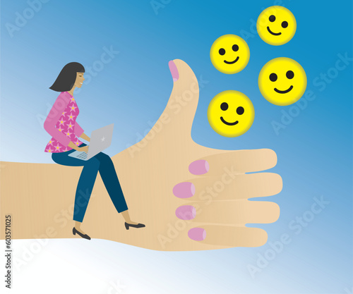Work happiness and appreciation, or job satisfaction, passion or enjoyment working, employee wellbeing concept, happy businesswoman working with computer on thumbs up. Vector illustration.
