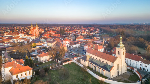 Stara Boleslav Town with Basilica of Saint Wenceslas and Church of the Assumption of Mary, Czech Republic. Aerial view from drone.