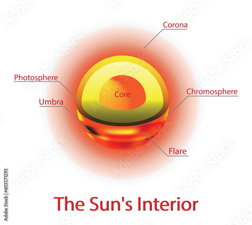 illustration of astronomy and cosmology, Sun's interior, Anatomy of the Sun, sun is basically a giant ball of gas and plasma, The inner layers are the Core, Radiative Zone, Convection Zone
