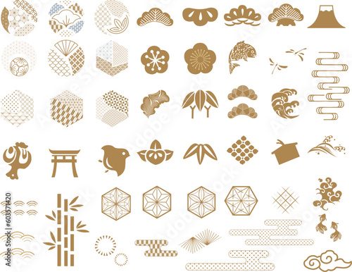 Japanese traditional icon vector. Geometric logo and symbol elements. Gold object decoration in vintage. Fuji mountain, Cherry blossom flower, Bonsai, bamboo, cloud, wave, sign.