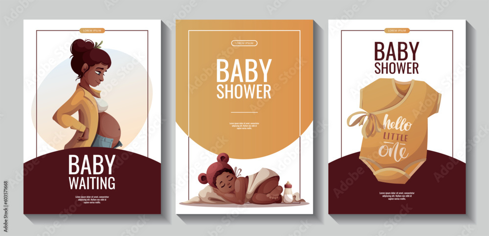 Set of flyers with pregnant woman, newborn baby girl, bodysuit. Motherhood, Pregnancy, Childbirth, baby waiting, baby shower concept. A4 Vector Illustration for poster, banner, flyer, advertising.
