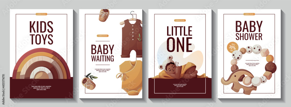 Set of flyers with sleeping baby girl, bodysuit, rainbow. Newborn, Childbirth, Baby shower, babyhood, childhood concept. A4 Vector illustration for poster, banner, advertising, cover.