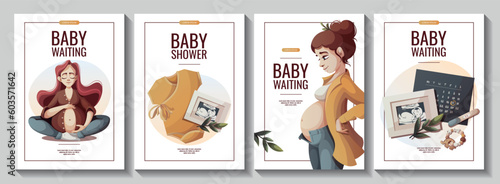 Set of flyers with pregnant women, baby clothes, monthly calendar, ultrasound baby picture, Positive pregnancy test. Motherhood, Pregnancy, baby waiting concept. A4 Vector illustrations.