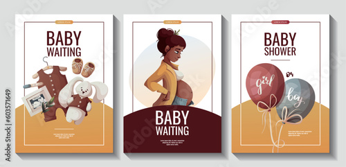 Set of Flyers with pregnant woman, romper, plush bunny, ultrasound baby picture. Motherhood, Pregnancy, baby shower, baby waiting concept. A4 vector illustration for poster, banner, advertising.