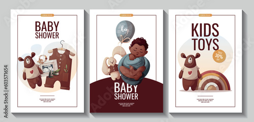 Set of flyers with Sleeping newborn baby boy, toys, baby clothes, sonogram. Newborn, Childbirth, Baby shower, babyhood, childhood concept. A4 vector illustration for poster, banner, flyer.