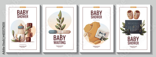 Set of flyers with monthly calendar, ultrasound baby picture, Positive pregnancy test, baby bottle. Baby waiting, pregnancy, sonogram concept. A4 vector illustrations for poster, banner, advertising.