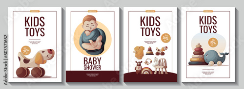 Set of flyers with swaddled baby boy, wooden push toys, pyramid, rainbow. Newborn, Childbirth, Baby shower, babyhood, childhood concept. A4 vector illustration for poster, banner, flyer, advertising.