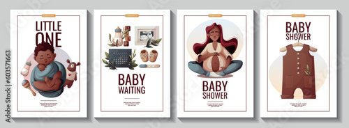 Set of flyers with pregnant woman, newborn boy, baby clothes, ultrasound baby picture, positive pregnancy test. Motherhood, Pregnancy, baby waiting, baby shower concept. A4 Vector Illustrations.