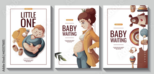 Set of flyers with pregnant woman, newborn baby boy, baby clothes and toys. Motherhood, Pregnancy, Childbirth, baby waiting, baby store concept. A4 vector Illustration for poster, banner, flyer.