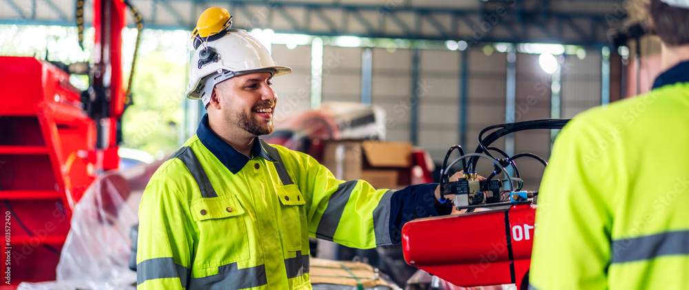 Obraz premium Professional team labor machanic engineer technician worker industrial work control with machine, manufacturing, factory, production line, Indusry 4.0, robot, industrial facility.business planning