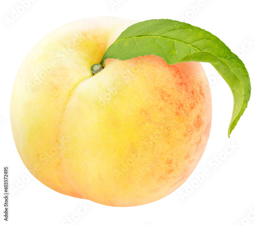 Pink Peach with leaf on White background with clipping path, Peach fruit on white background PNG File