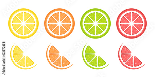 Slices of lemon, orange, lime and grapefruit vector flat illustration. Stylized flat elements on white background.