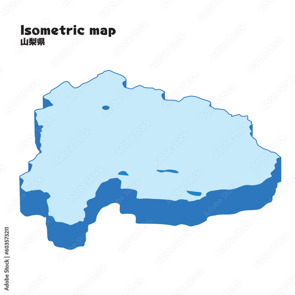 アイソメトリック、立体的な山梨県の地図、県庁所在地、都道府県単位の地図のイラスト