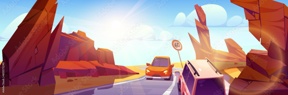 Desert car road traffic in canyon cartoon illustration. Vector highway in rocky hot landscape. Tourism drive asphalt way on automobile adventure in stone valley with sunshine beams in blue sky.