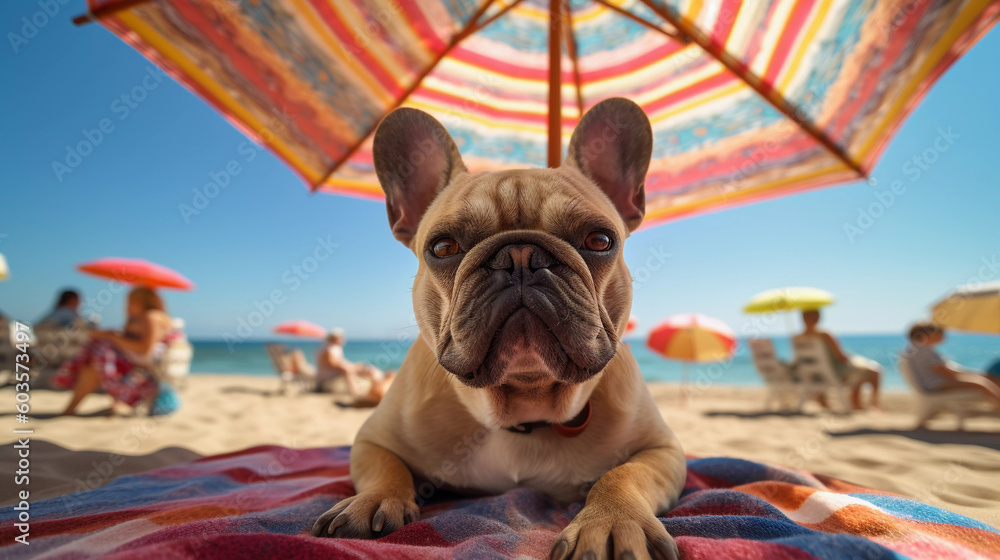 French Bulldog Dog lying on a beach under an umbrella on a hot sunny day