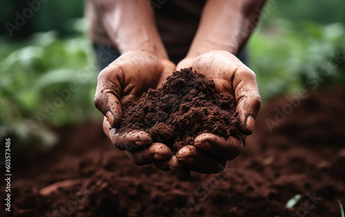 Vászonkép Farmer holding soil in hands close-up