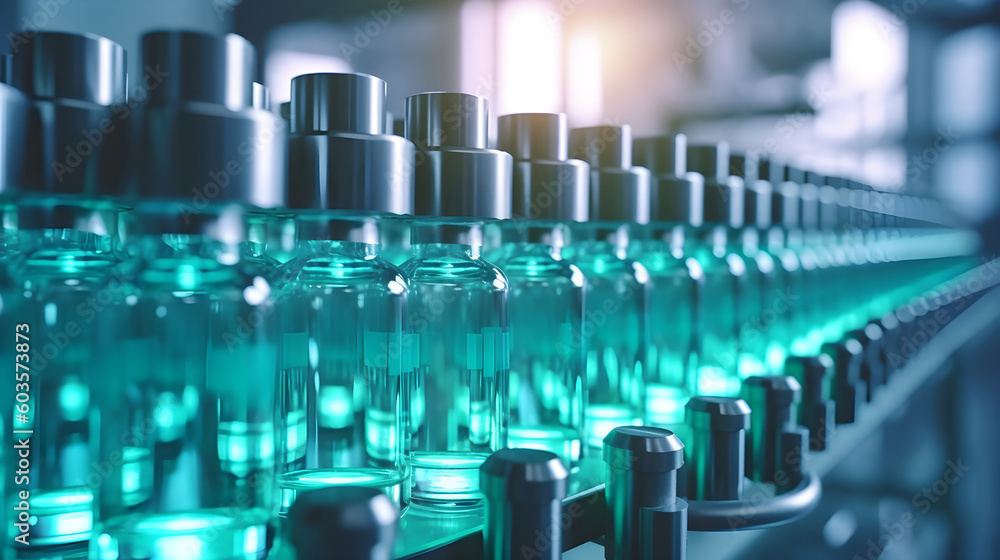 Medical vials on production line at pharmaceutical factory, Pharmaceutical machine working pharmaceutical glass bottles production line, Generative AI Medical vials on production line at pharmaceutical factory, Pharmaceutical machine working pharmaceutical glass bottles production line, Generative AI