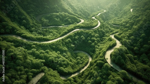 wind curve road in green hilly , Generative AI © SUPHANSA