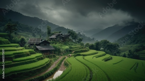 Rice fields on terraced , in morning day with cloud fog background , Generative AI