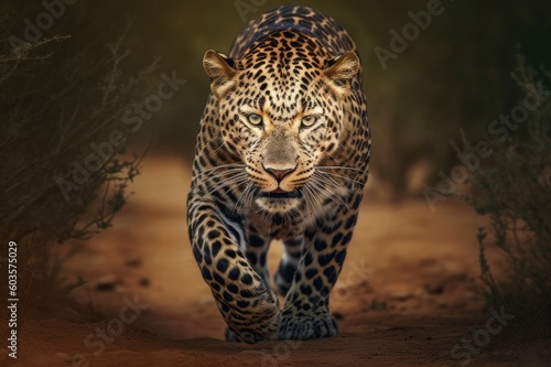 a leopard walking on a dirt road , Generative AI © SUPHANSA